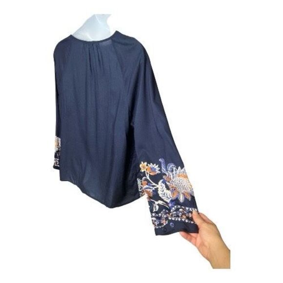 Chico's Navy Blue Floral Print Pullover Tassel Top Peasant Blouse Size 3 (XL,16) - Picture 7 of 12